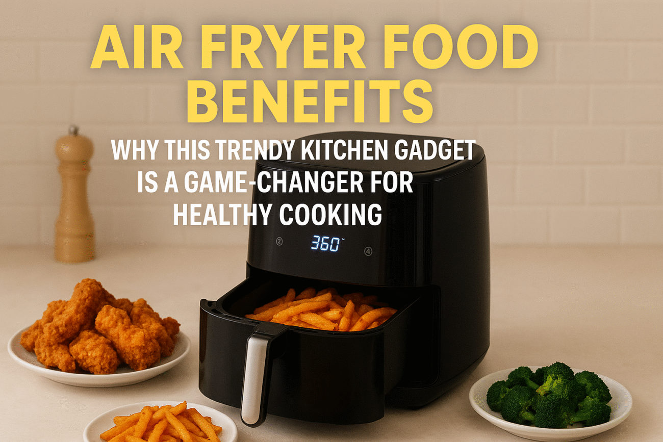 **Alt text:** A sleek black air fryer on a beige kitchen countertop displays 360°F on its digital screen, with crispy fries in the basket and plates of fried chicken, fries, and broccoli nearby. Text overlay reads: “Air Fryer Food Benefits – Why This Trendy Kitchen Gadget Is a Game-Changer for Healthy Cooking.”